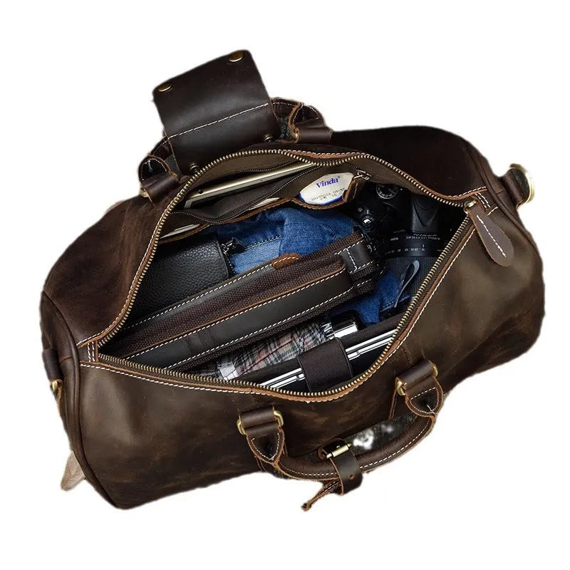 Crazy horse leather travel bag in light or dark brown with 36-55L large capacity and wear-resistant genuine leather finish
