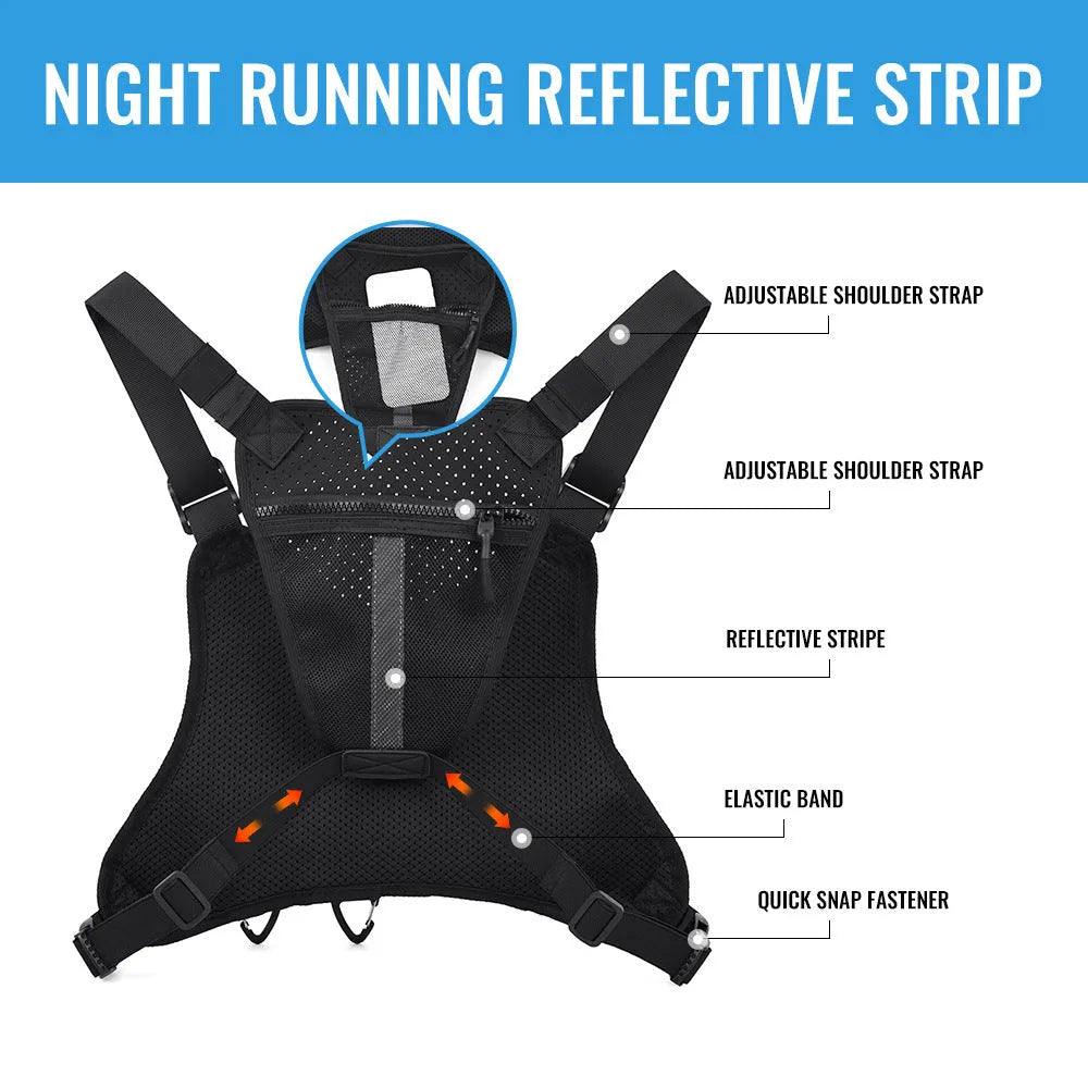 A man wearing a black Oxford cloth chest bag vest with adjustable straps, suitable for riding and outdoor sports.
