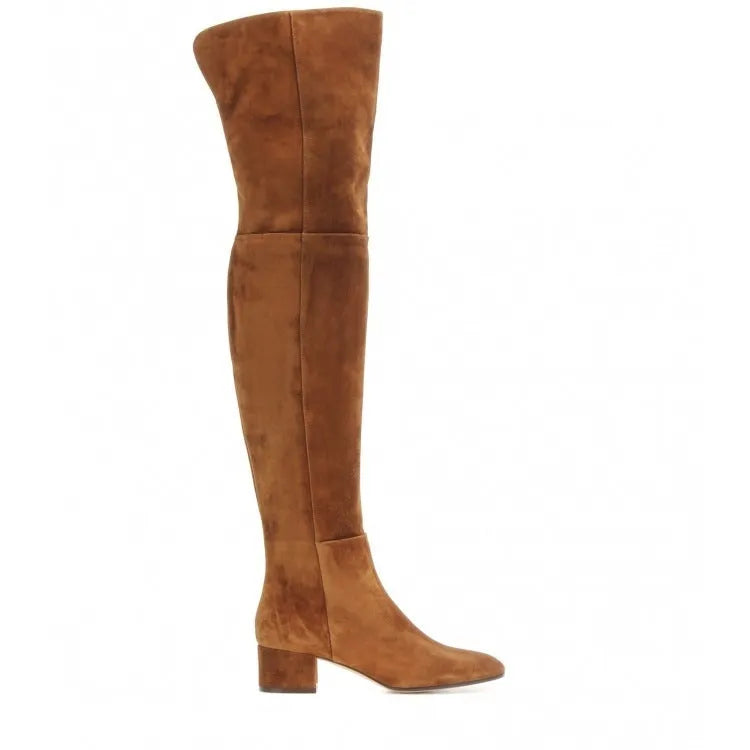 Women's grey suede flat over-the-knee boots with pointed toe and low thick heel