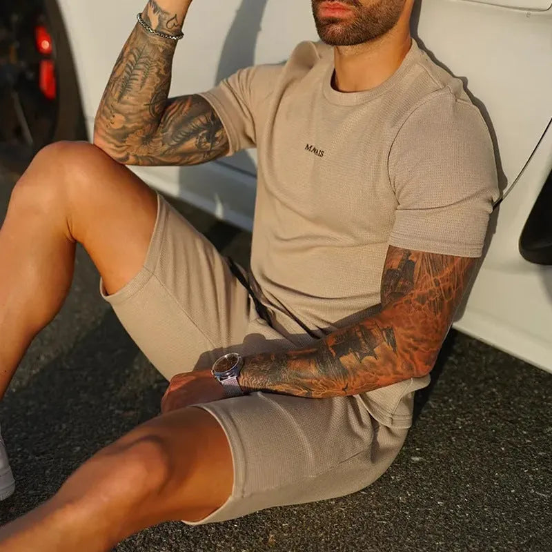 Men's cotton blend sports suit with T-shirt and shorts in gray, black, army green, camel