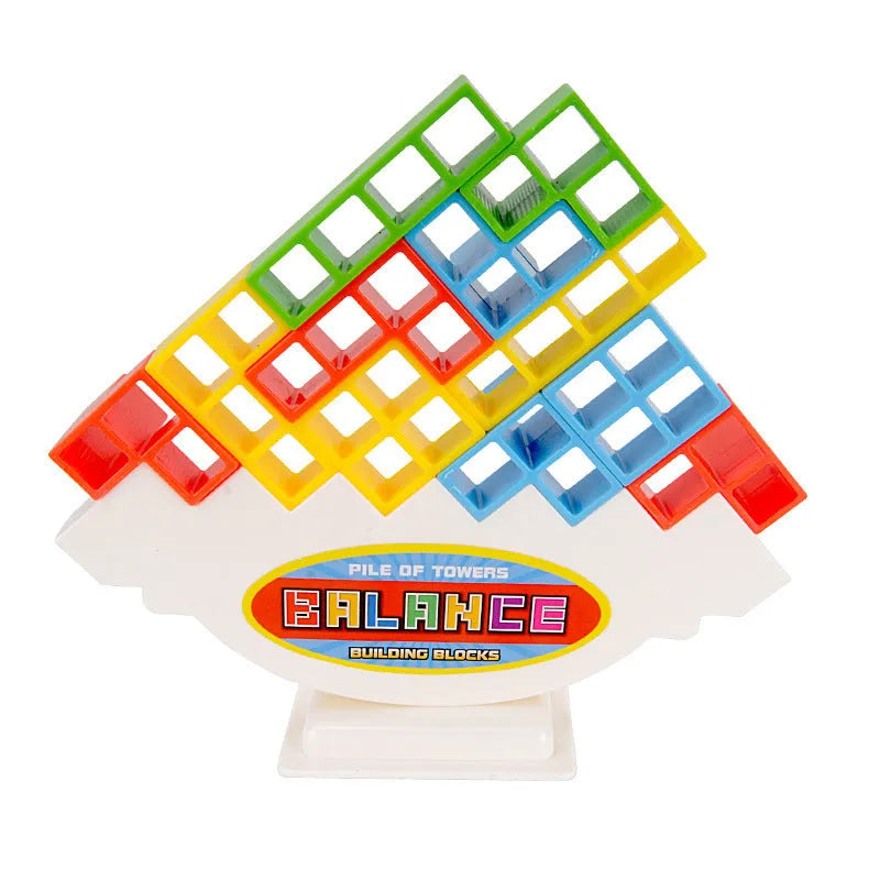 Plastic balance stacking game with 16 colourful blocks and chassis for family play