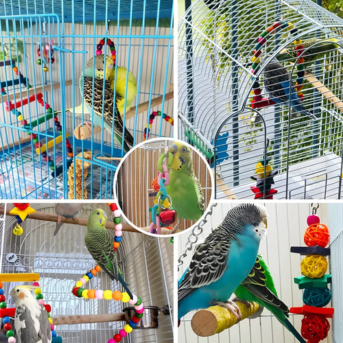 7PCs wooden parrot toys bird cage accessories set on a white background