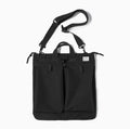 Canvas messenger bag in charcoal black with shoulder strap showing laptop compartment