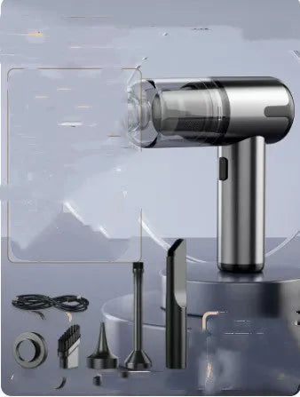 Dark grey handheld car vacuum cleaner with brush nozzle and Type-C charging cable