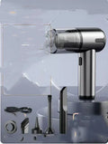 Dark grey handheld car vacuum cleaner with brush nozzle and Type-C charging cable