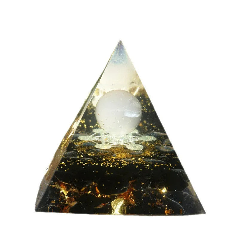 6cm tall epoxy resin pyramid ornament with embedded natural crystal gravel particles