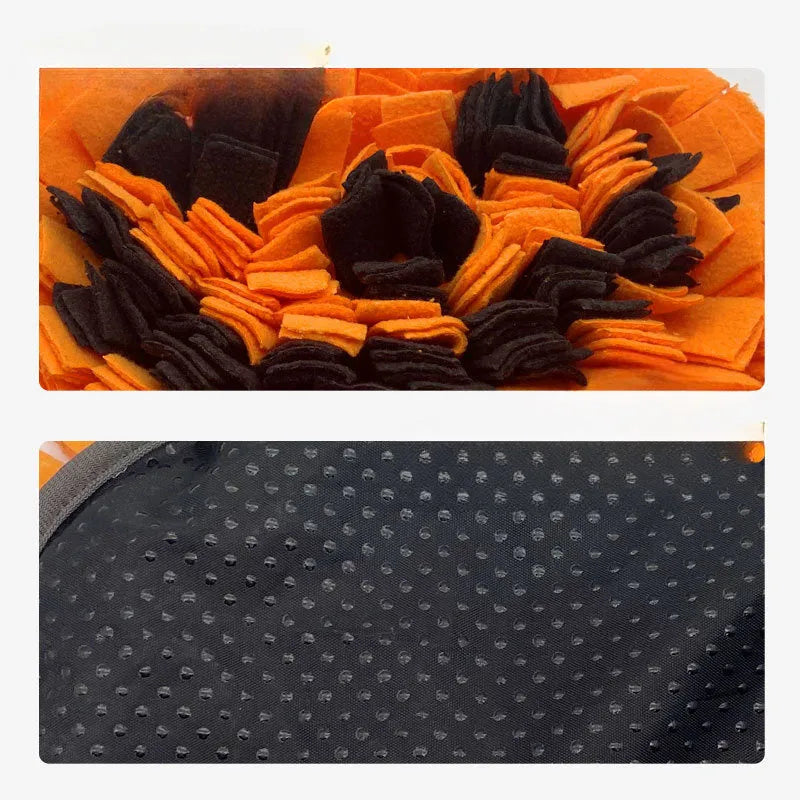 Orange pumpkin-shaped dog sniffing mat with soft fur texture for slow feeding training