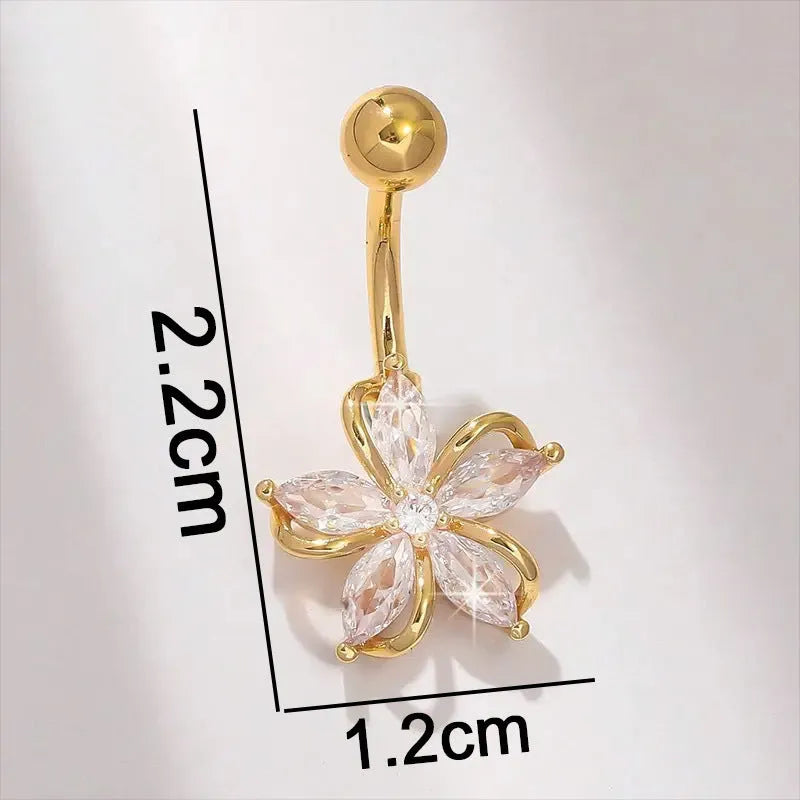 Copper navel stud with zircon flower design in electroplated gold finish