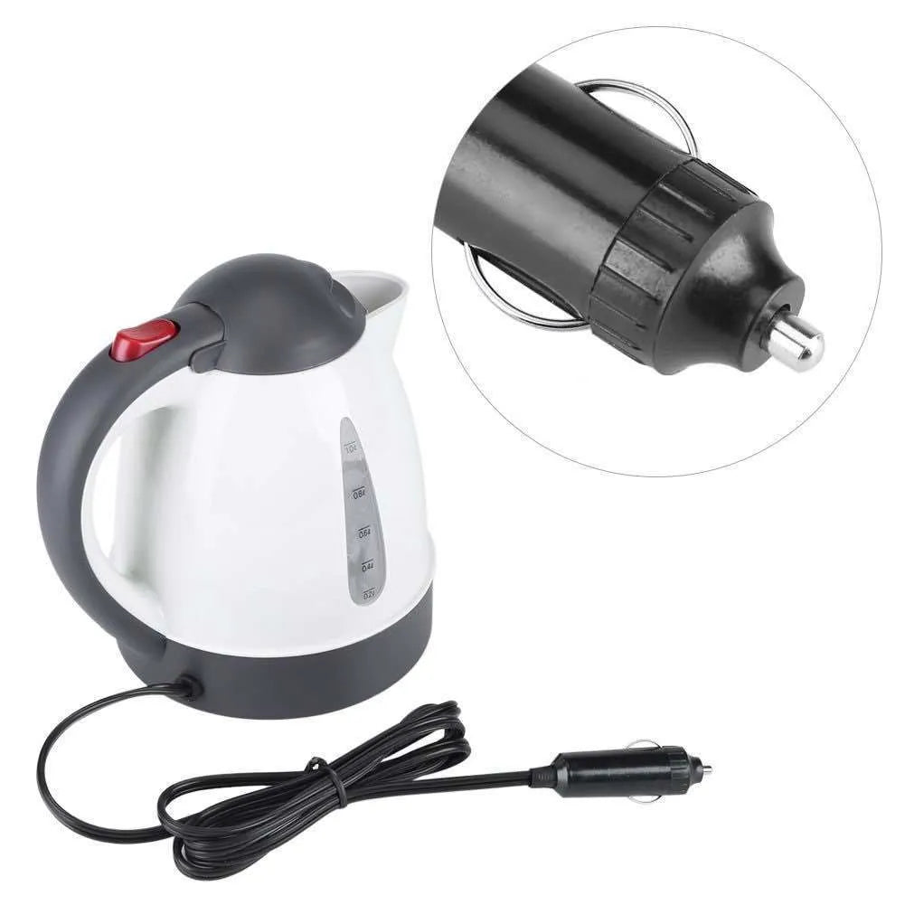 Travel kettle for vehicle use with 1000ml capacity and 12V power option