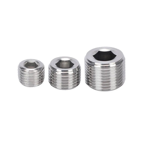 Stainless steel 304 hexagonal pipe plug with 3/8 thread for bulkhead fittings.