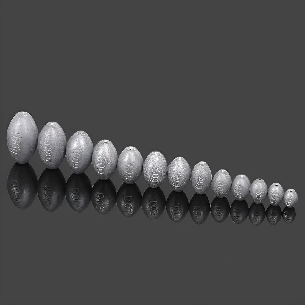 Tongxin scale pattern olive lead fishing sinker with plastic core, shown in rugby shape.