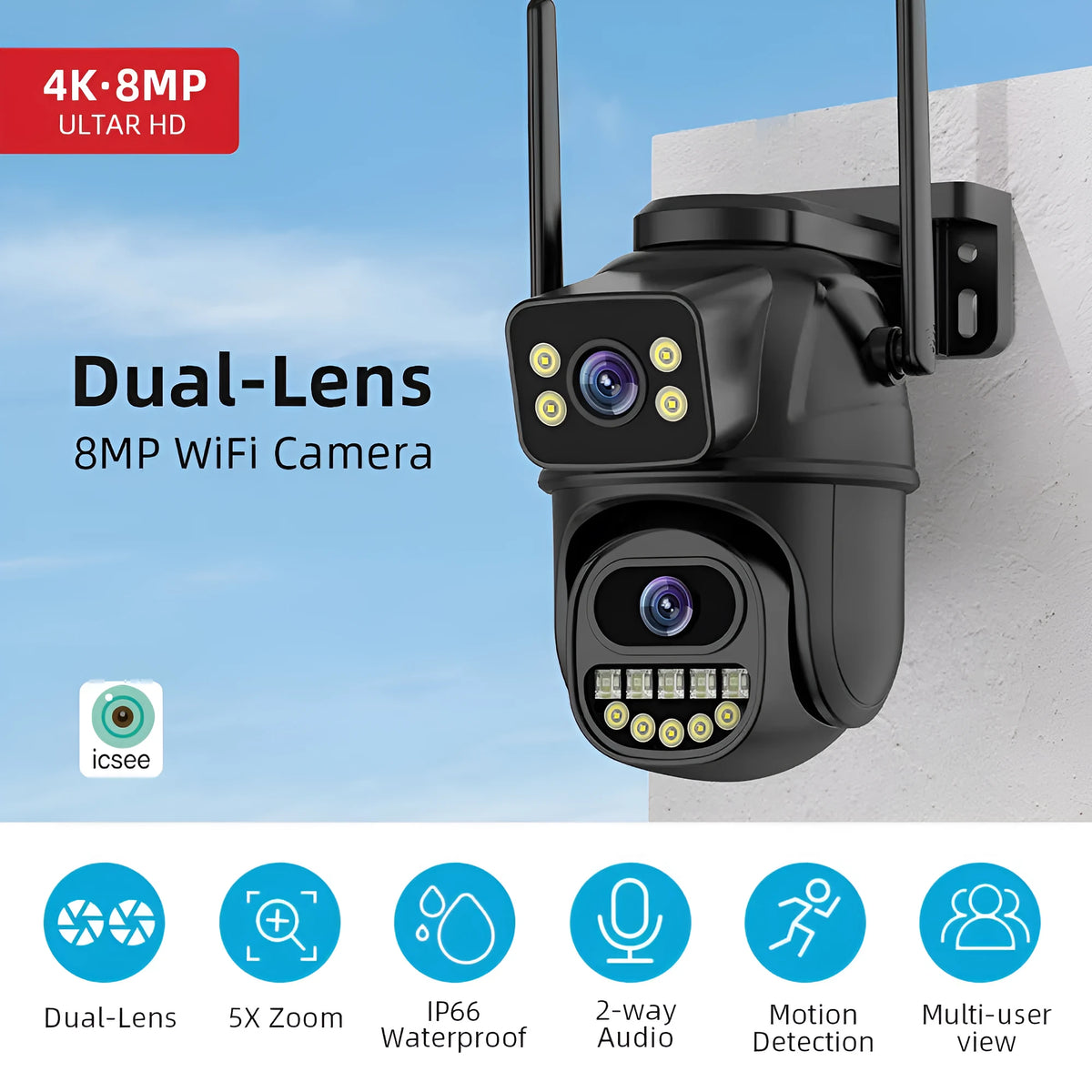 Black wireless surveillance camera with dual-channel humanoid tracking and hoistable bracket, 18.3 x 15.8 x 10.8 cm