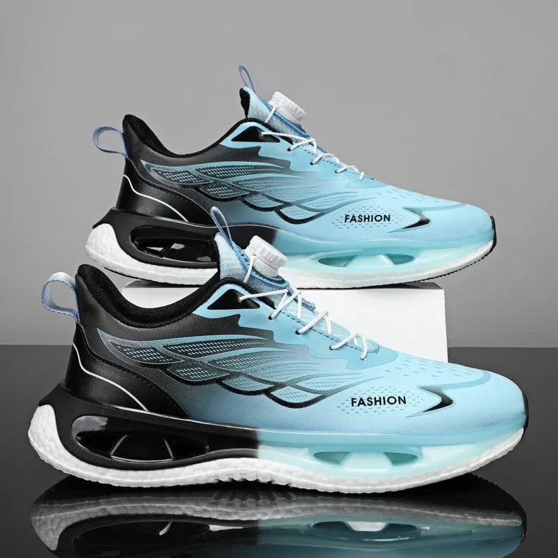 Men's low-top casual sneaker with a rotating button closure, shown in light blue, black, and white/blue colour options.