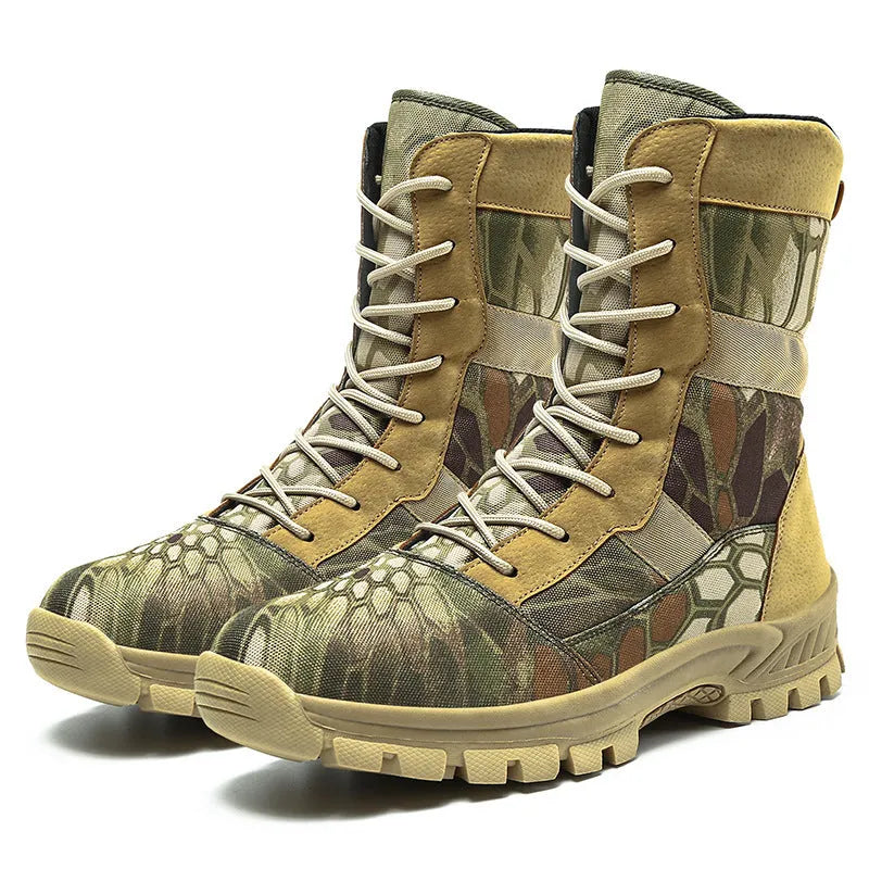 Plus size men's high-top martin boot style shoes in black and camouflage with mesh construction and totem detailing