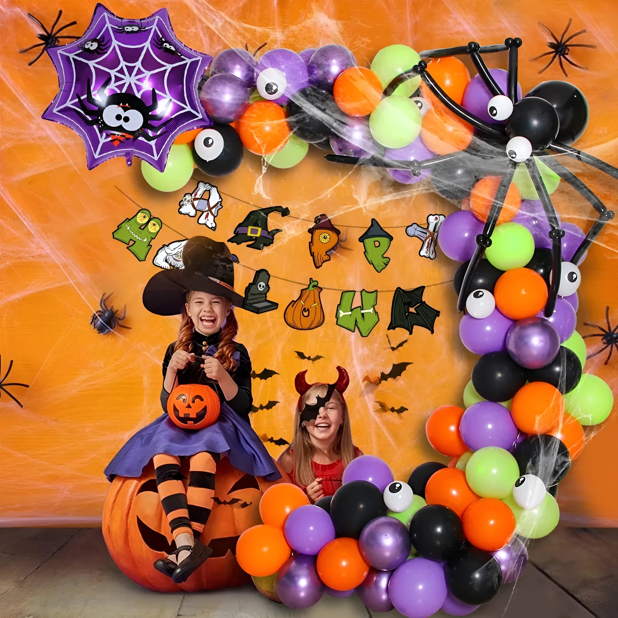 Halloween spider balloon arch decoration set with white and black latex balloons