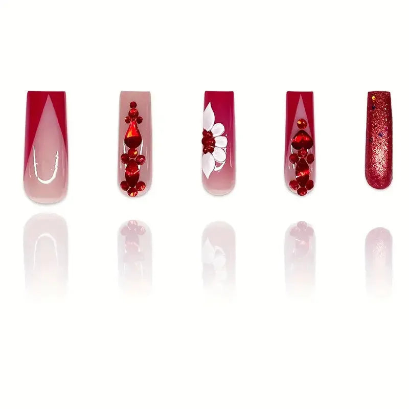 MY069 long European Square false nails with Sweet Flowers and red diamond design, shown with jelly glue and file.