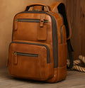 Bronze real leather zipper backpack with laptop compartment up to 15 inches, top handle and adjustable shoulder straps.