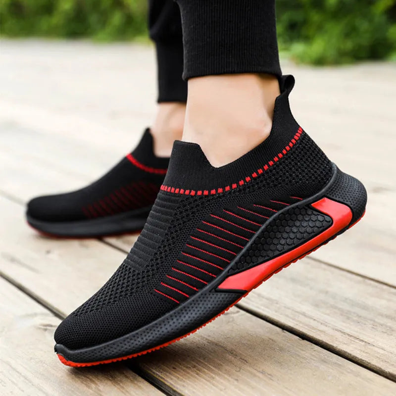 Men's mesh sock sneakers with striped design and lace-up front closure