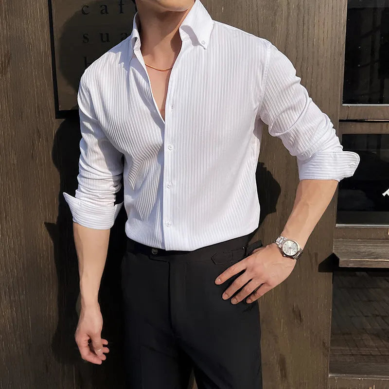 Men's striped V-neck long sleeve casual shirt in polyester blend fabric showing cardigan style
