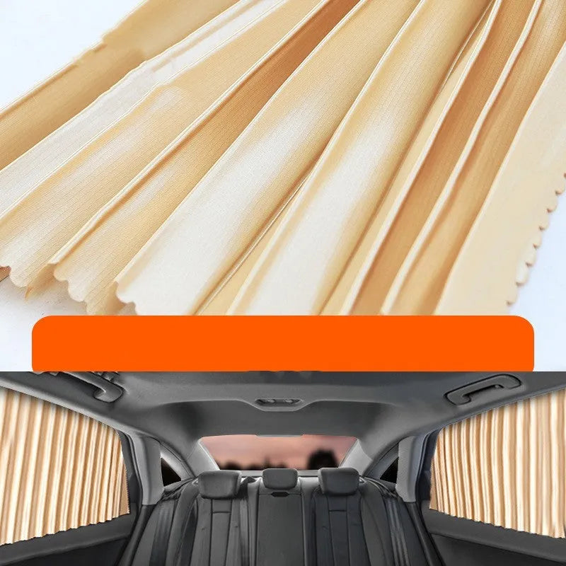 Retractable car sun curtain in opaque cloth extended across vehicle window