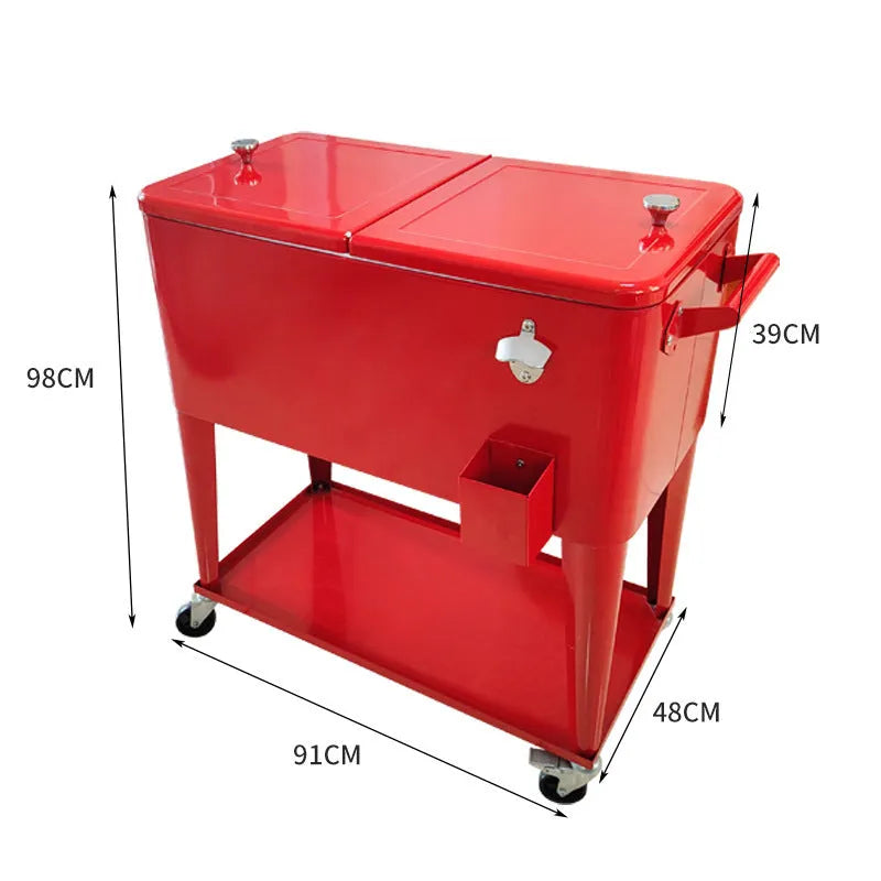 Red metal insulated food trolley with 750ml capacity for outdoor catering and picnics