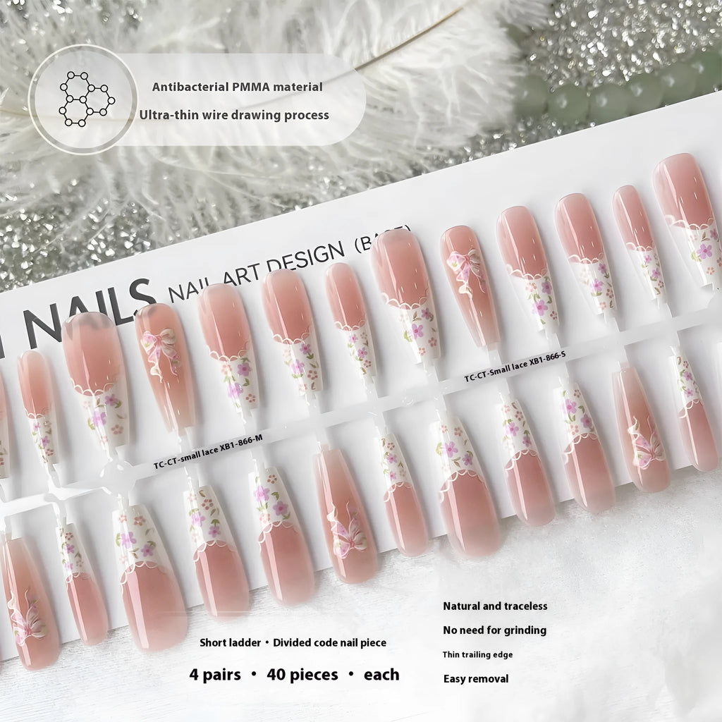 Small floral prefabricated nail tips with long ladder velvet seal layer in white small lace pattern XB1-866