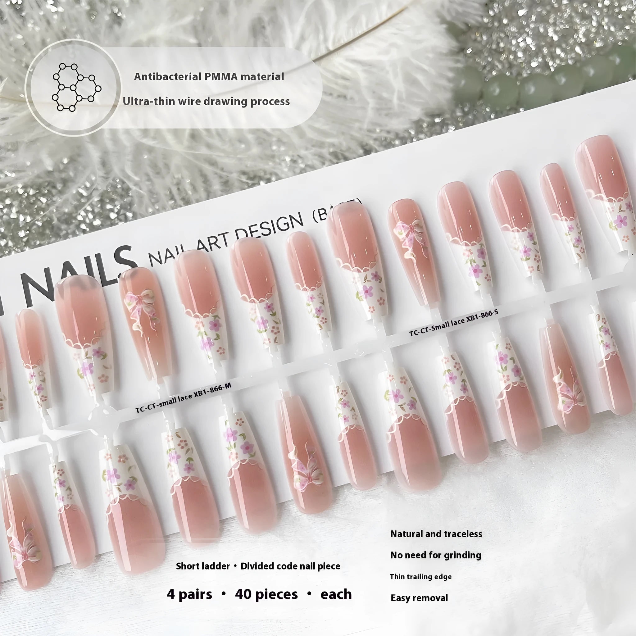 Small floral prefabricated nail tips with long ladder velvet seal layer in white small lace pattern XB1-866