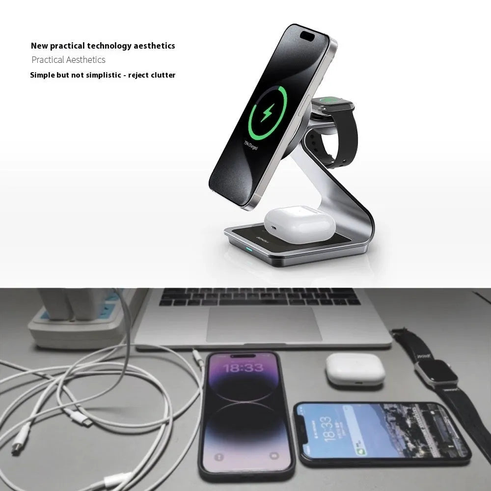 3-in-1 magnetic wireless charger in black or white aluminium alloy and ABS, 96 x 90 x 126mm, with phone, Apple Watch and earphone charging sections