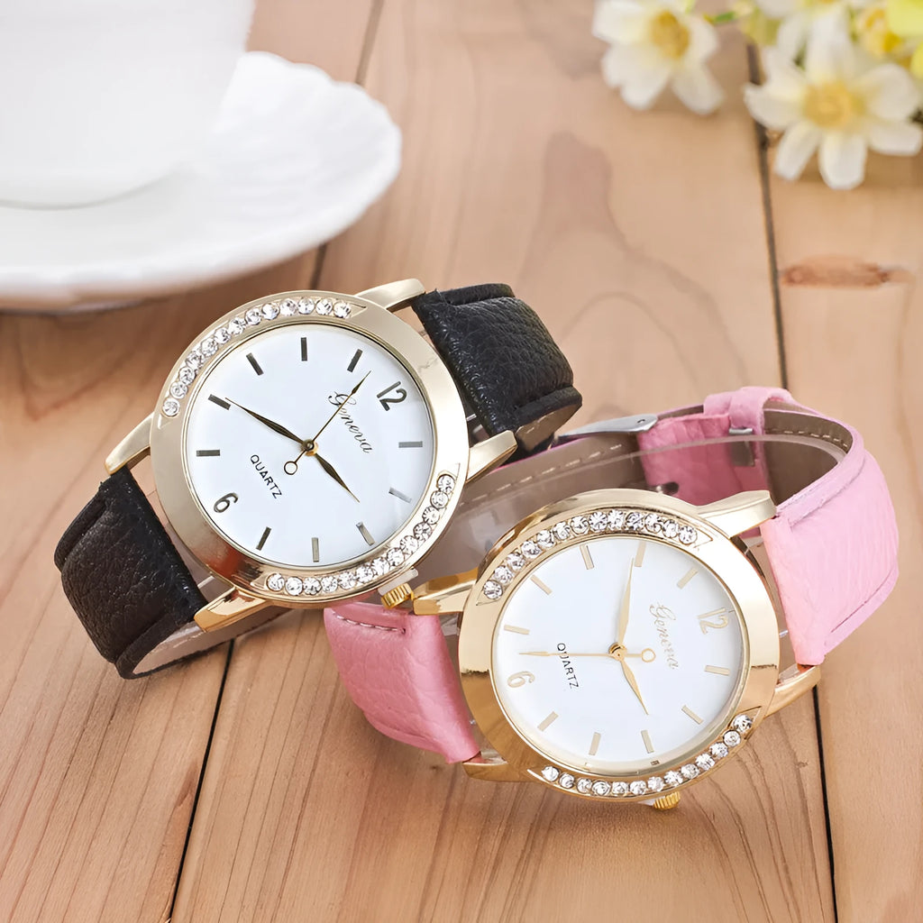 Geneva women's quartz watch with blue dial, round alloy case, and imitation leather strap on display
