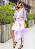 Light purple beachwear dress cardigan for women, a swimsuit cover-up in free size with cotton lining.
