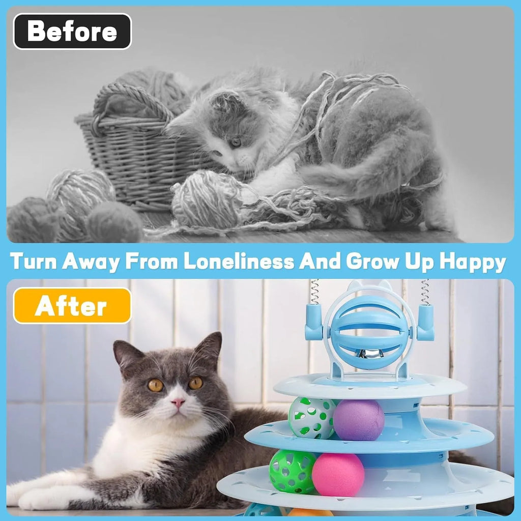 4-tier interactive cat puzzle ball toy with six coloured balls, two teasing rods, and bell on top