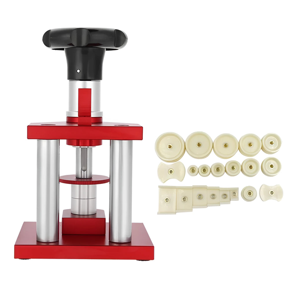 Watch repair spiral presser tool with a set of 20 plastic moulds for case backs on a grey surface