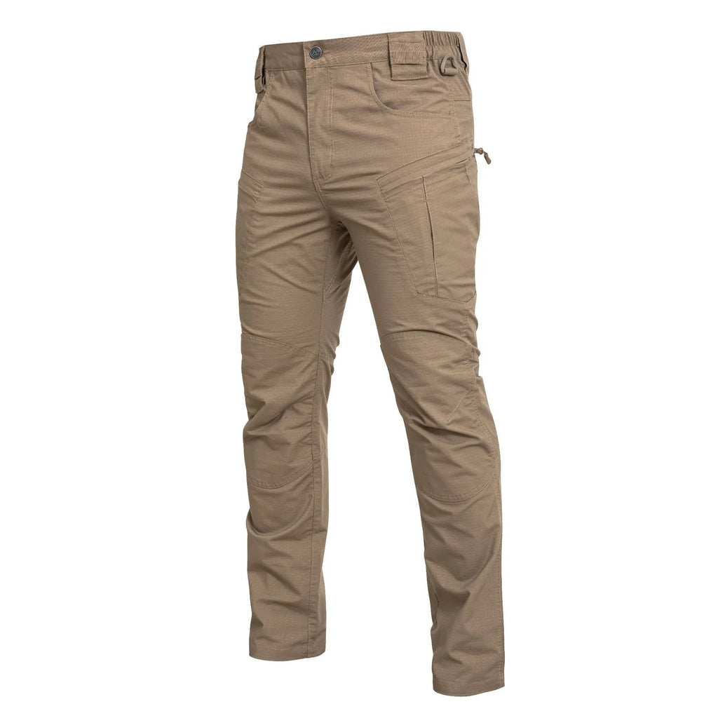 Men's loose cargo pants in cotton blend with multiple pockets, available in khaki, black and grey green.