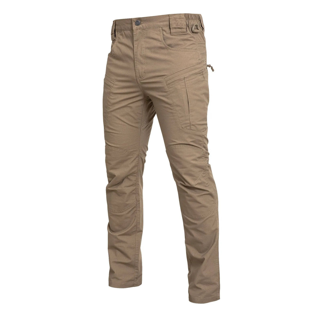 Men's loose cargo pants in cotton blend with multiple pockets, available in khaki, black and grey green.