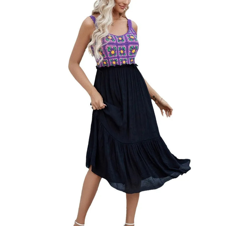 Purple sleeveless dress with hand-stitched floral pattern and matching acrylic skirt