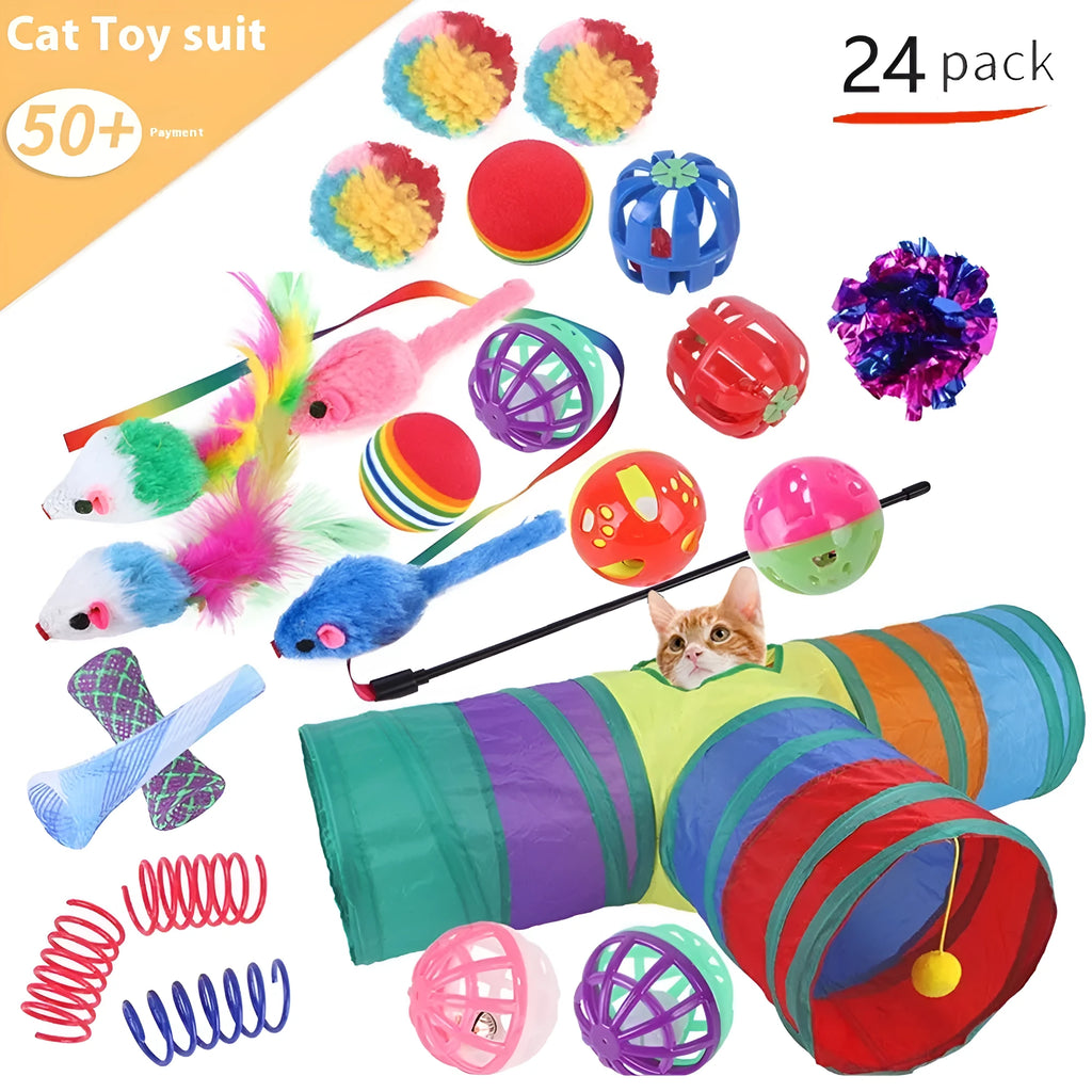 Plastic cat channel toy set with single and double layer options and random colour accessories for indoor cats