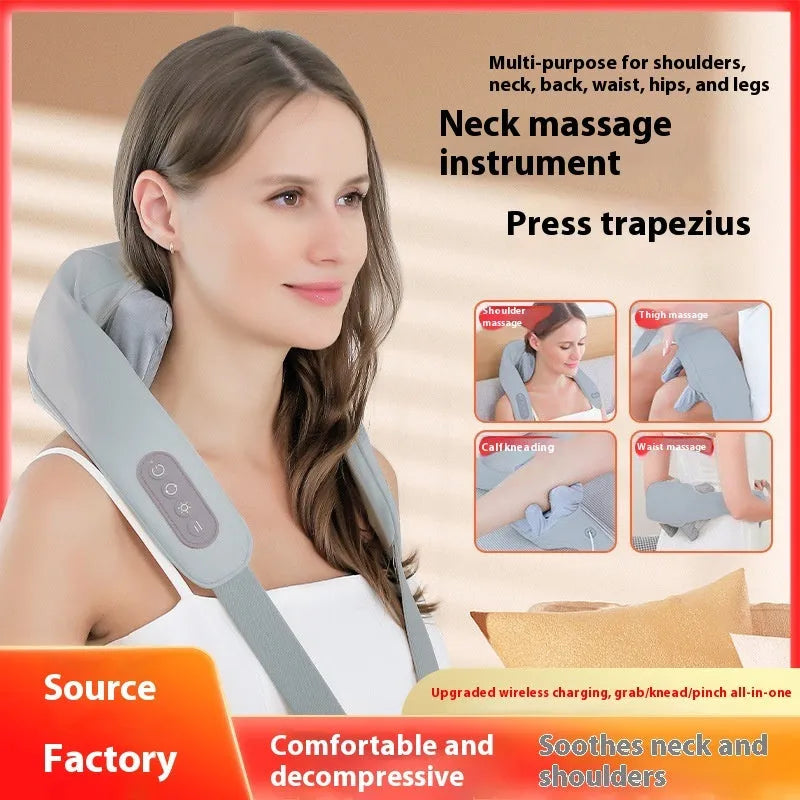 Grey elastic fabric USB rechargeable neck and back massage instrument with two gears.