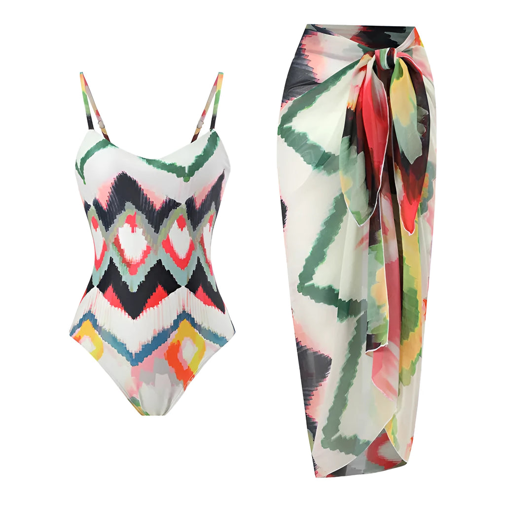 Women's two-piece beach swimsuit with matching hip skirt in striped gradient pattern