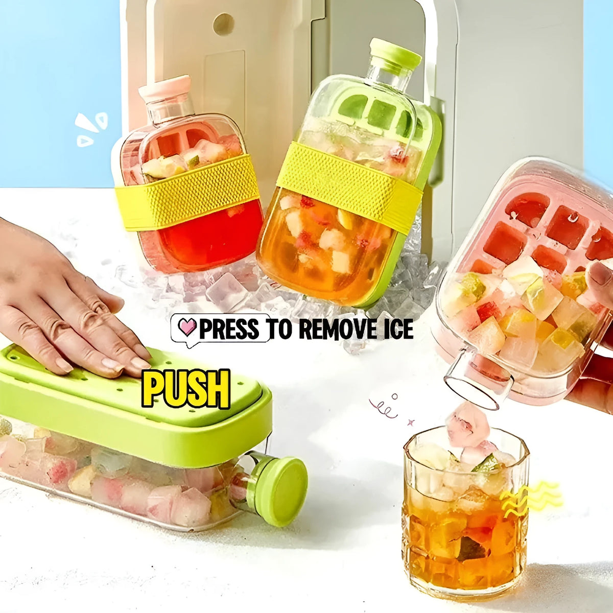 One-click moulding cooling cup in white, green or pink, 500ml or 800ml, PP material, with straw and optional straps.