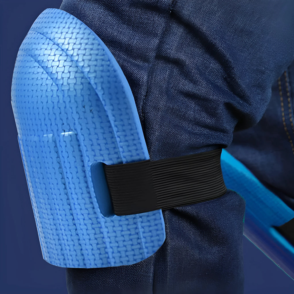 A pair of EVA foam kneecap pads in blue, showing their curved shape and approximately 11mm thickness.