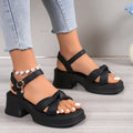 Women's black thick heel slippers with round toe and button closure