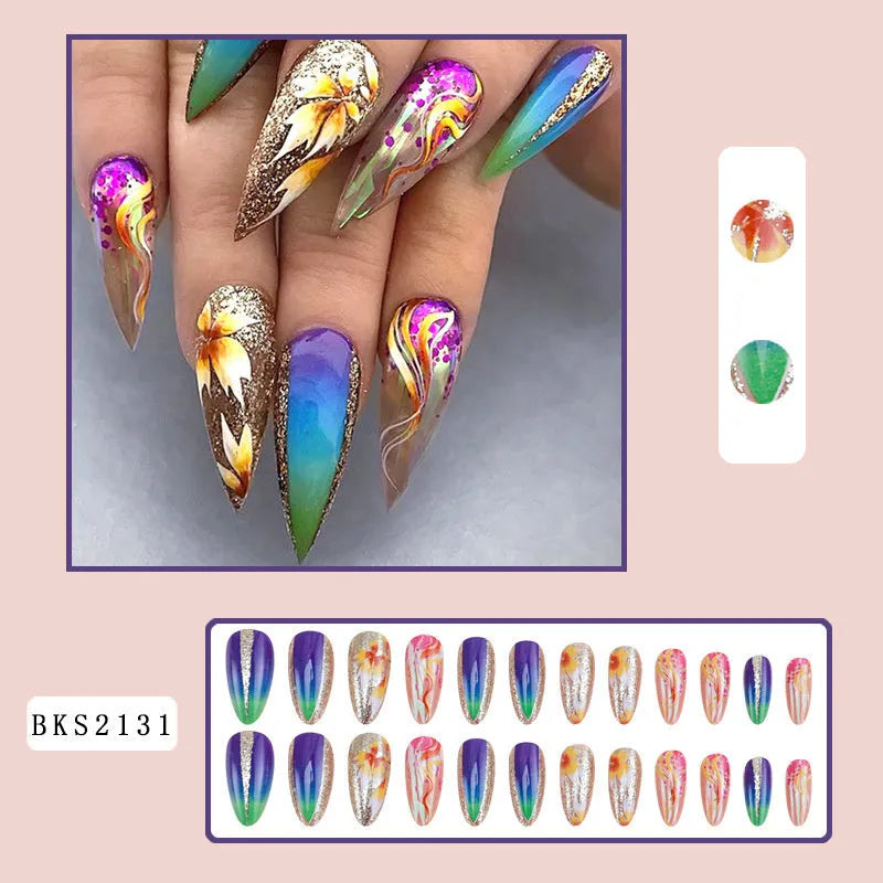Almond-shaped rainbow nail stickers with colourful plaid lines and French ripple patterns in European square style