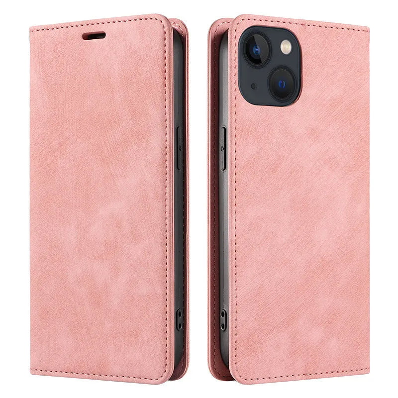 Magnetic flip leather phone case for iPhone in black, showing closed cover with magnetic clasp.