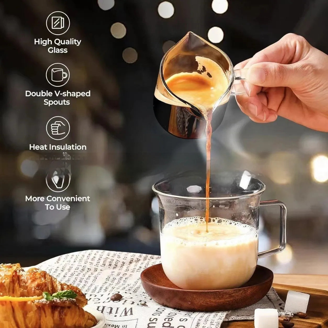 White double mouth transparent glass coffee cups showing two pouring spouts