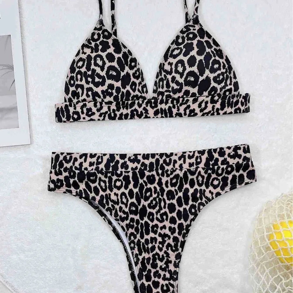 Leopard print women's bikini swimsuit with backless briefs style, polyester fabric and spandex lining, sizes S M L