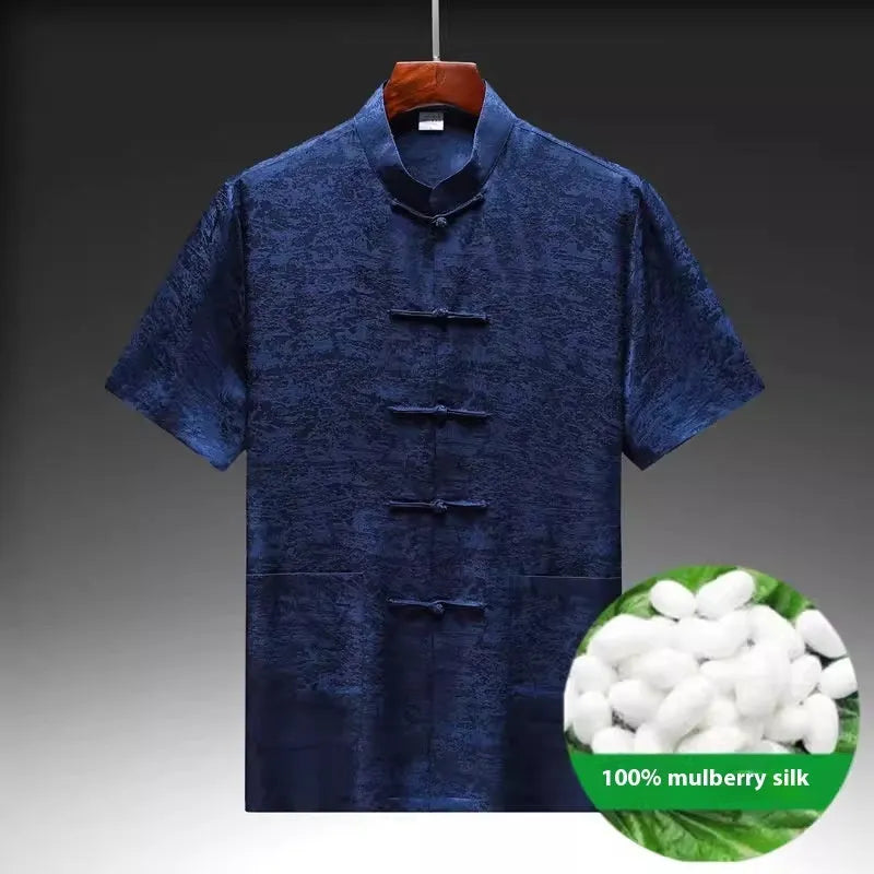 Traditional mulberry silk Chinese Tang suit for men in light green, featuring a classic collar and woven construction.