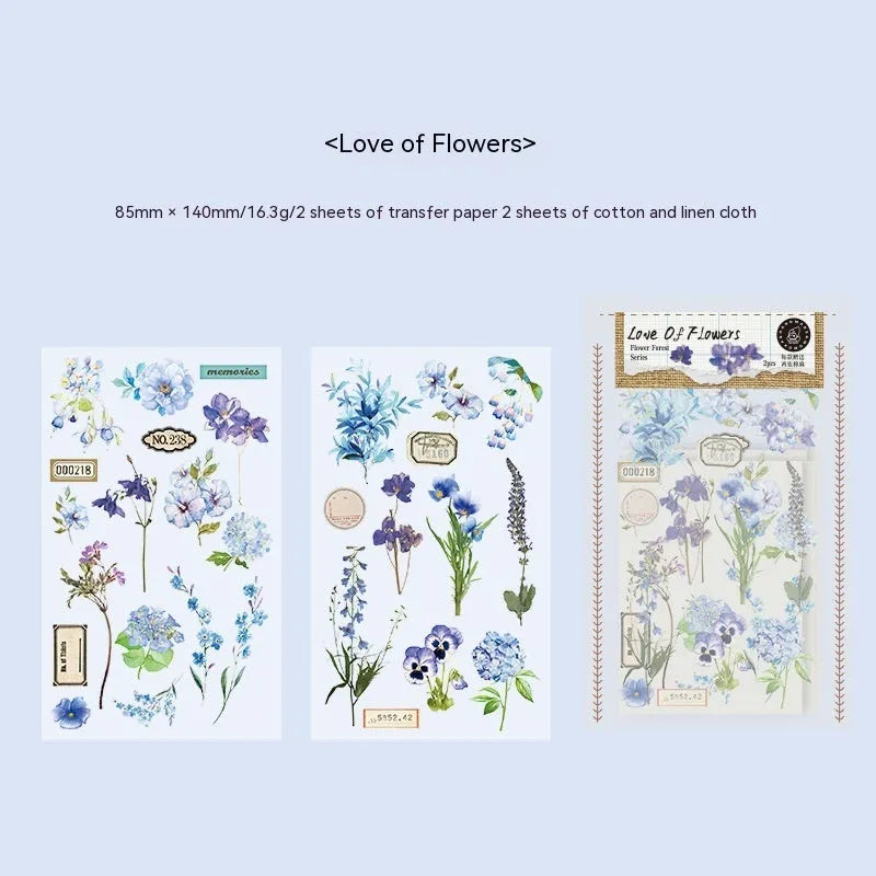 Huazhisen art deco forest label stickers in six colour variants showing transfer paper and cotton linen sheets