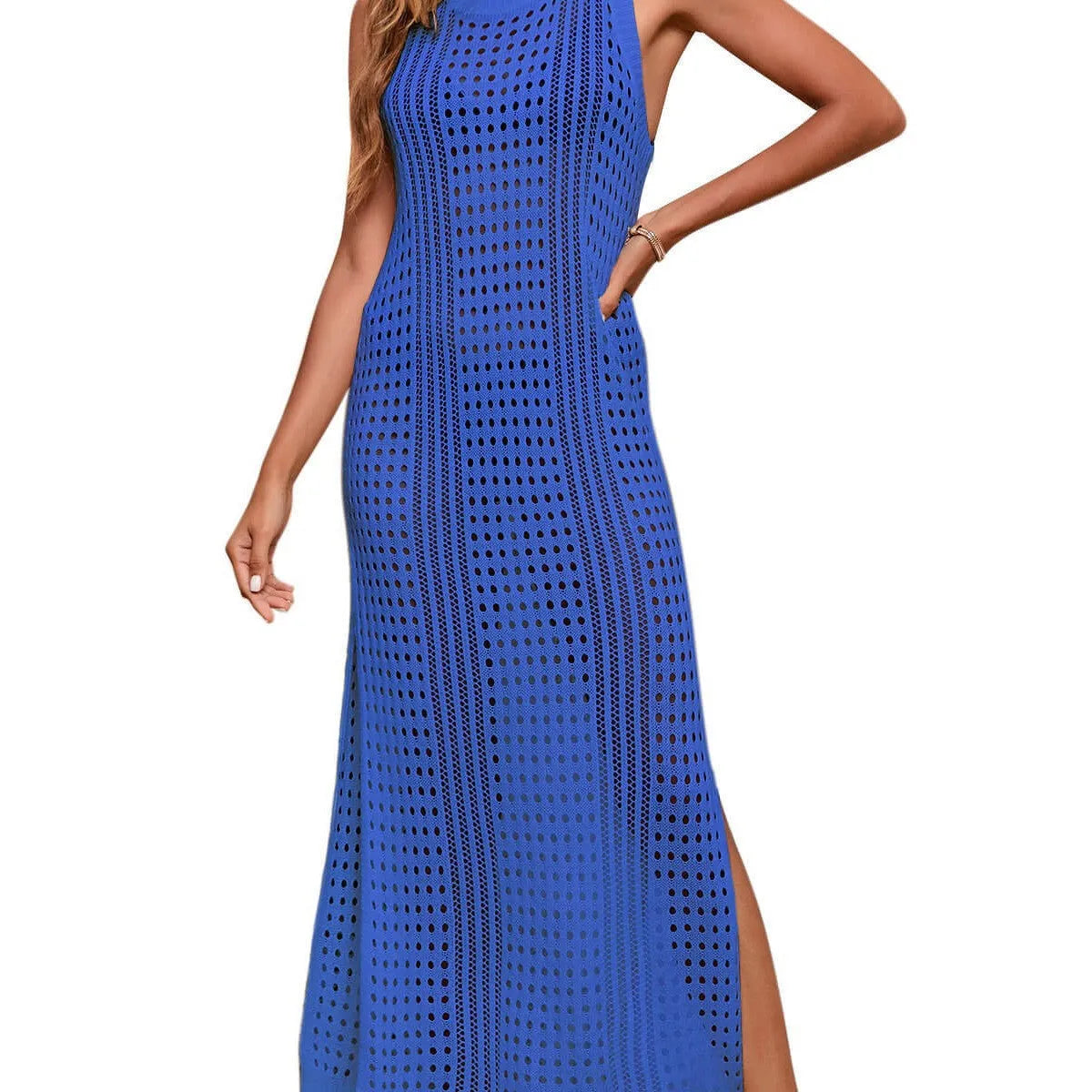 Women's beach hollow-out knitted blouse in loose fit solid colour
