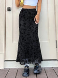 Dark green floral half-length fishtail skirt for women with medium elastic waist and polyester fabric