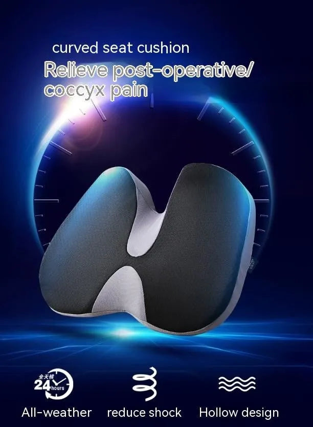 Curved bevel memory foam seat cushion for tailbone support in beige colour on a car seat.